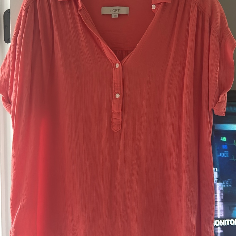 LOFT Orange Red Short Sleeve Polo Button Down